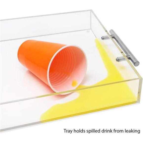 Clear Acrylic Serving Tray (12x12) with Silver Metal Handles, Spill-Proof - Picture 7 of 8